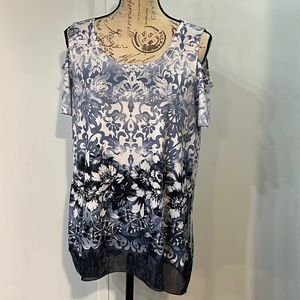 JM Collection cold shoulder blue floral with studded design